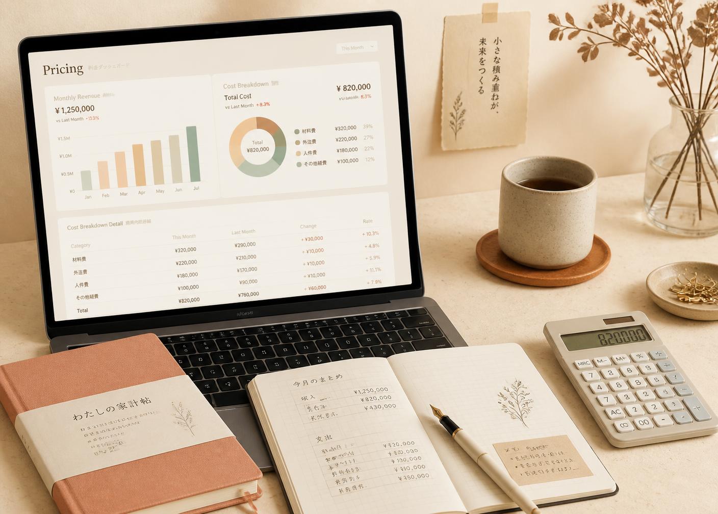 A laptop showing a cost and pricing breakdown beside Japanese stationery and a calculator