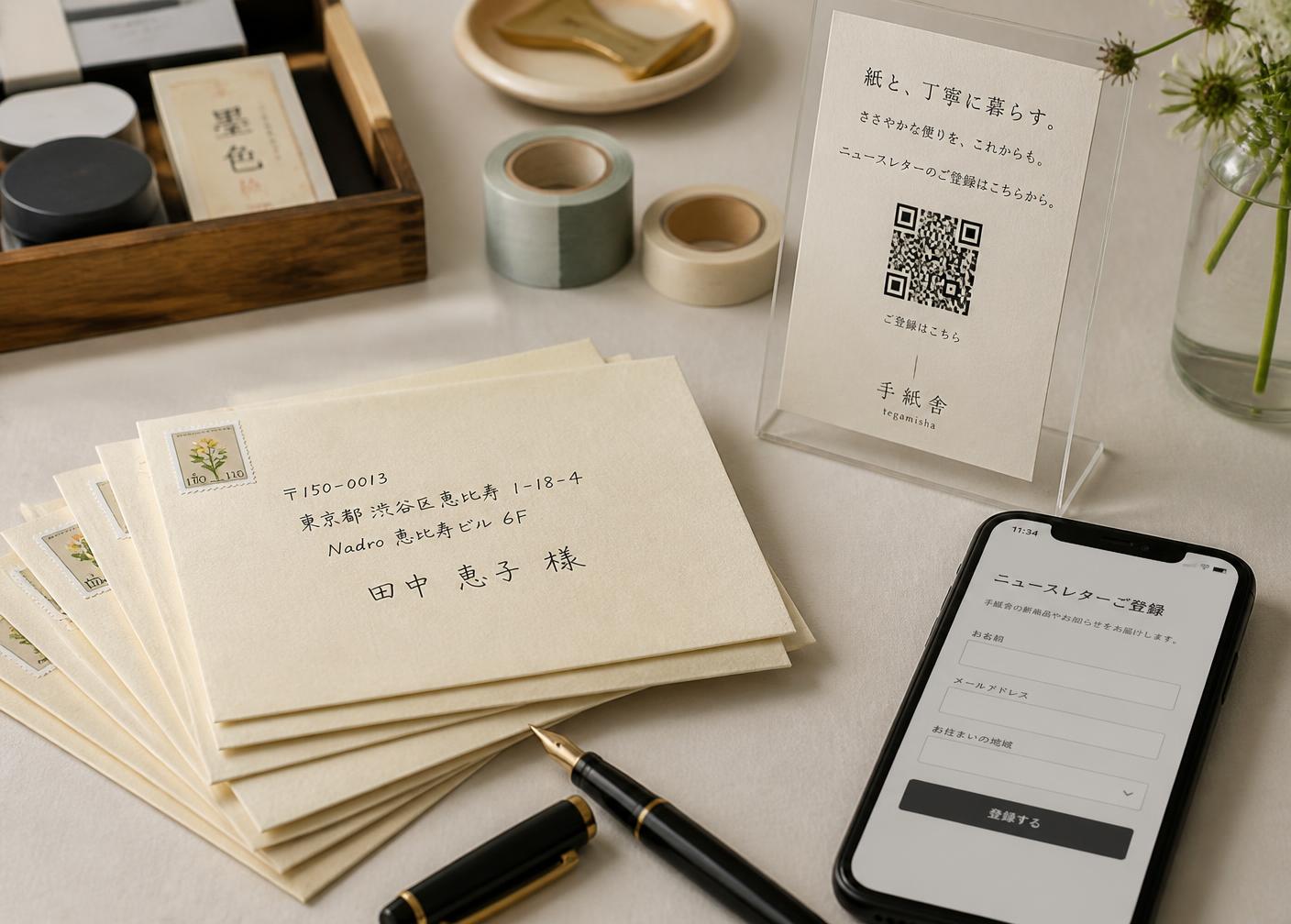 Hand-addressed envelopes, a fountain pen and a QR sign-up card on a stationery maker's desk