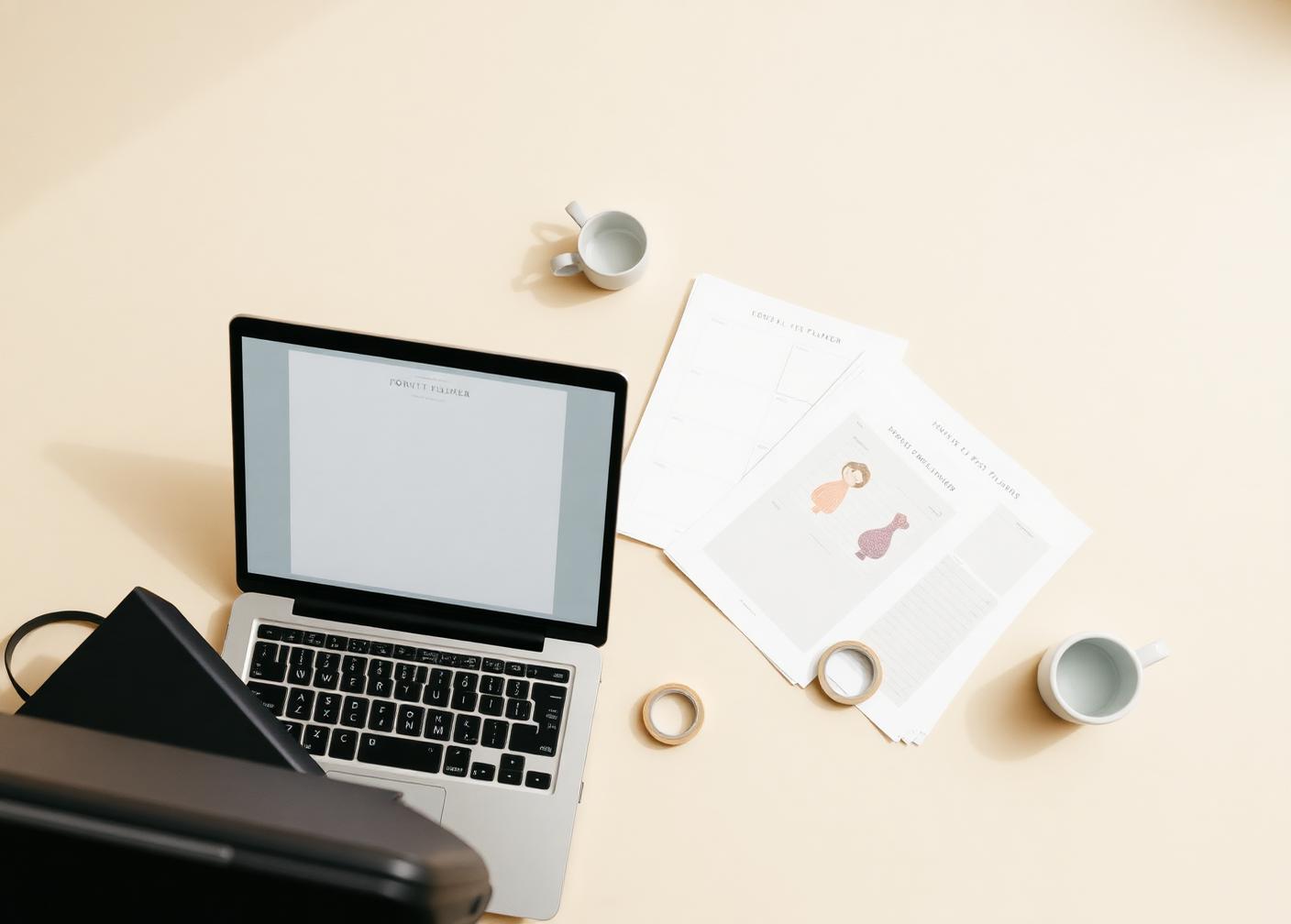 Printed planner pages, journaling cards and washi tape arranged on a pale wooden desk beside a laptop in a Japanese studio