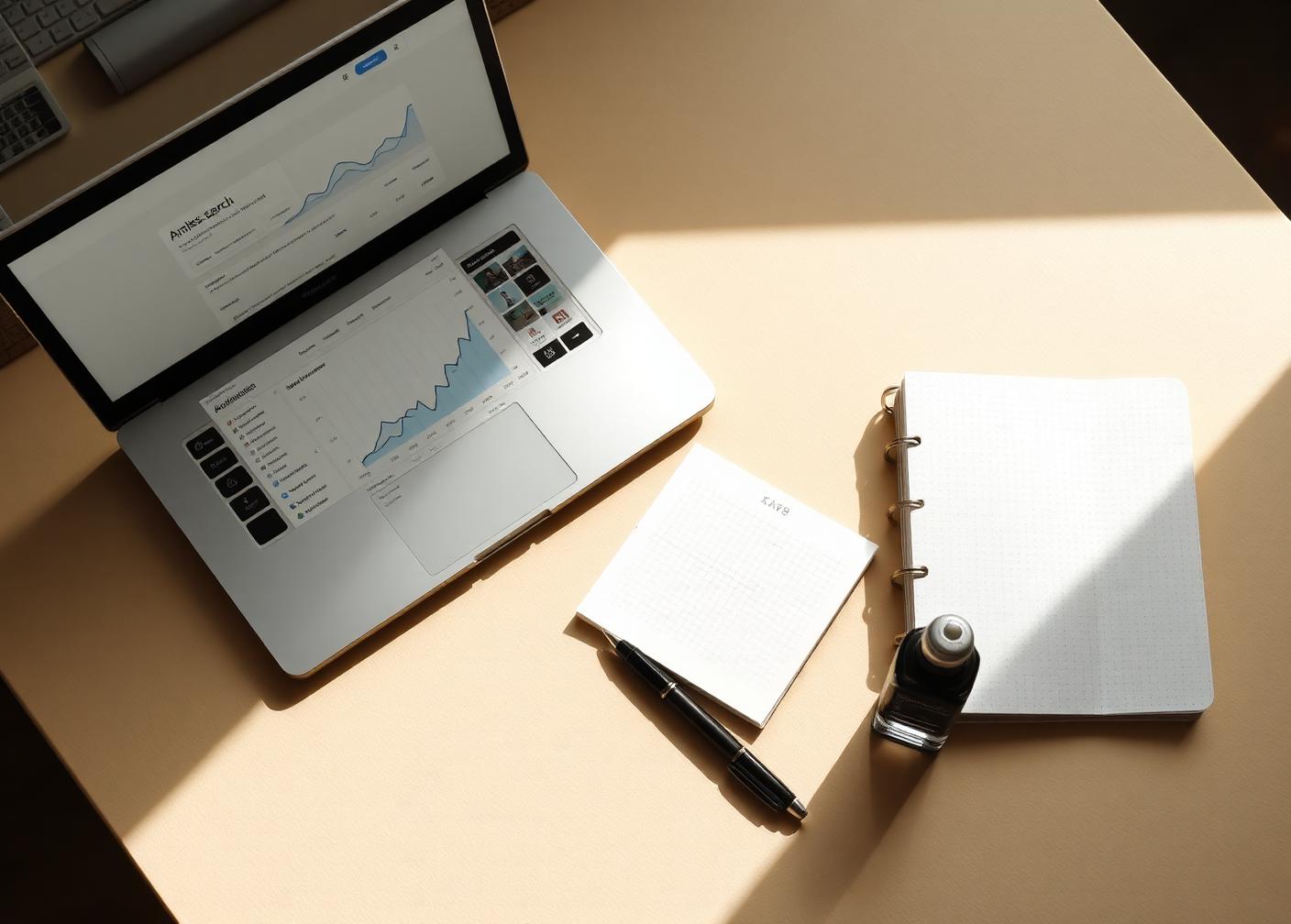 A laptop showing search data beside a dot grid notebook, fountain pen and ink bottle
