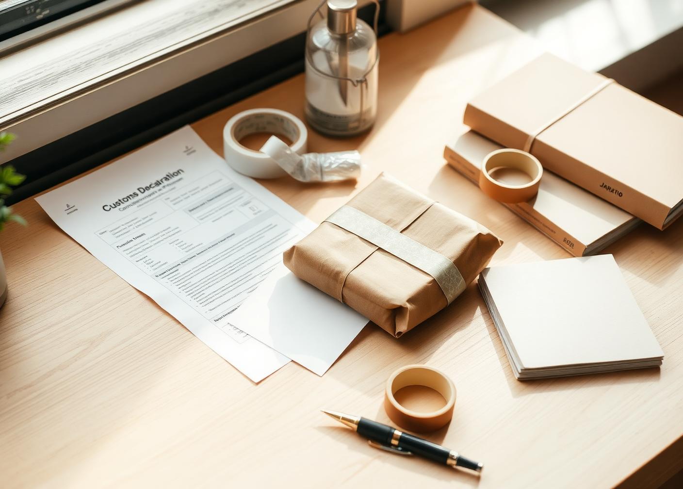 A wrapped kraft parcel, a customs declaration form and a commercial invoice on a wooden desk beside Japanese notebooks and tape