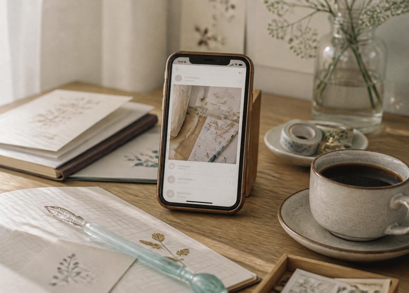 A phone showing a stationery post on a social feed, beside Japanese notebooks, a glass pen and coffee on a wooden desk